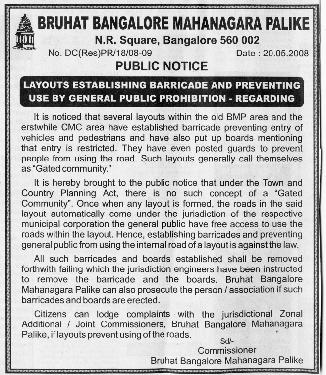 Public Notice on Gated Communities